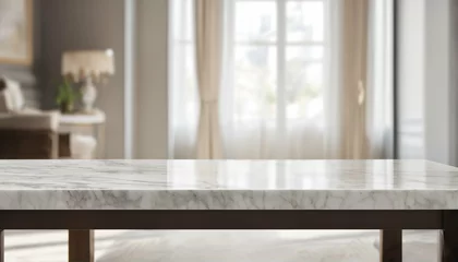  Empty marble stone table in a blurred bedroom interior, ideal for product displays or design layouts © ibreakstock