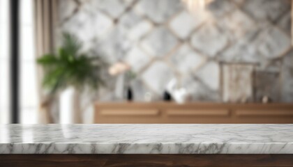 Design versatility: Blurred bedroom interior with an empty marble stone table, suitable for product displays