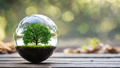Ecology and technology convergence: Glass globe, tree, and robot hand signify a commitment to a sustainable future