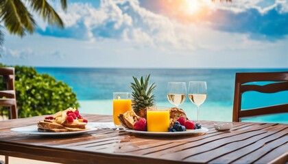 Fototapeta premium Honeymoon getaway: Couples' time with a scenic sea view breakfast table, embodying vacation romance