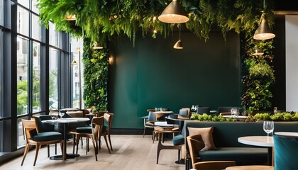 Biophilic design in modern cafe, featuring a living green wall and vertical garden, eco-friendly nature landscape