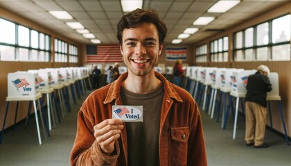 Proud voter on Election Day, displaying an 'I Voted' sticker as a symbol of civic duty