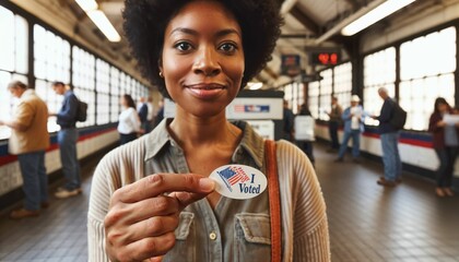 Young black woman holding an 'I Voted' sticker, embracing her civic responsibility - obrazy, fototapety, plakaty
