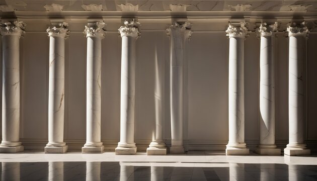 Marble columns in soft natural light, showcasing shadows and highlights, classical architecture charm