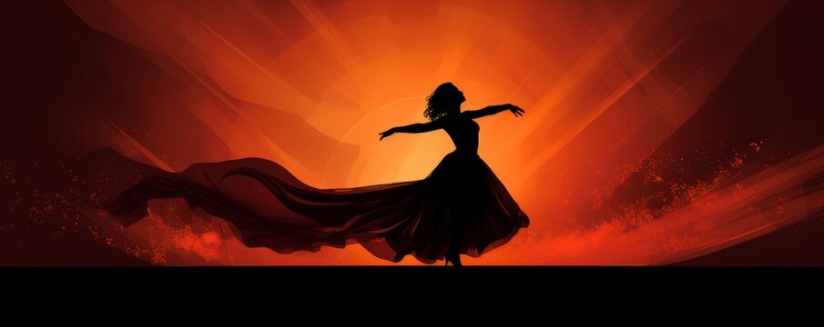 A silhouette captures a woman's grace as she dances in a flowing dress, her movements a dance of shadows and elegance against a soft backdrop.