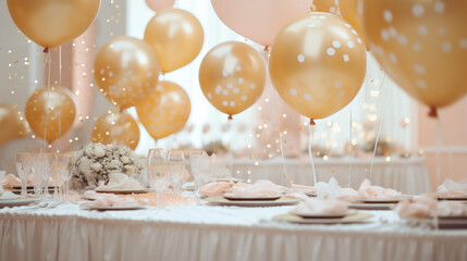 Zastawa stołowa na przyjęciu urodzinowym lub chrzcinach - dekoracja stołów na przyjęciu przez florystę i dekoratora. Piękne bukiety kwiatów na stoliku i balony