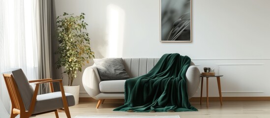 Bright living room with a dark green blanket on a grey sofa, empty poster and armchair.