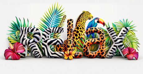 Obraz premium Text relax made from 3 d letters shaped leopard, zebra, parrot texture on white background. Zoo, wildlife, Africa journey adventures vibe. Animal print for travel banner.