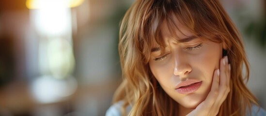 Young woman in agony from severe tooth pain, clutching her cheek. Depicting dental suffering and the importance of oral healthcare.