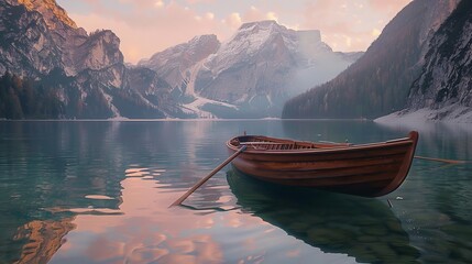 Behold the stunning sight of a traditional wooden rowing boat adrift on the picturesque waters of...