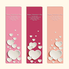 Three abstract vertical Valentine's banners in retro style with cute white hearts with shadows and space for text on a beige background