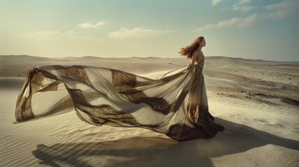 Elegant woman in flowing gown set against desert dunes