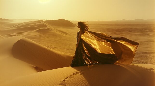 Elegant woman in flowing gown set against desert dunes