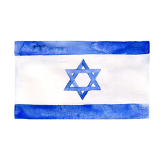 National flag of Israel, watercolor illustration of square symbol in bluw and white color.