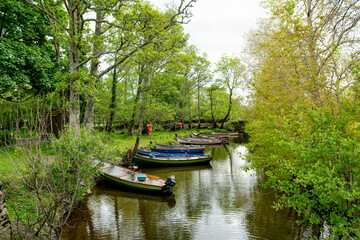 Different boats for rent tied to small pier on Lough Leane, the largest and northernmost of the three lakes of Killarney National Park, County Kerry, Ireland
