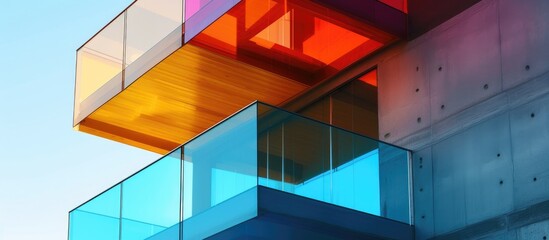 Modern architecture details featuring a bright, colored glass partition on the balcony.