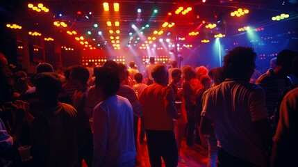 Fototapeta na wymiar Vibrant nightlife with clubgoers dancing under colorful lights