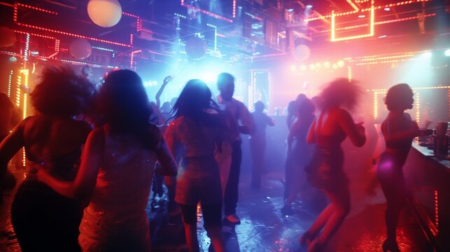 Vibrant nightlife with clubgoers dancing under colorful lights