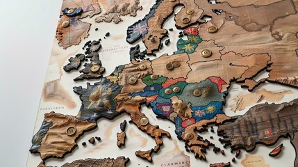 A map of Europe displays flags alongside round metal buttons representing various countries, while a wooden three-dimensional world map sits against a white backdrop, highlighting themes of politics