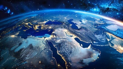 
View of planet Earth from space, gradually zooming in to focus on the Middle East, specifically Saudi Arabia, transitioning to a skyline of the world with a globe.