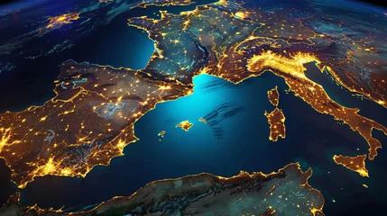 Foto op Canvas A stunning satellite photo captures Turkey at night from space, showcasing the illuminated city lights spanning across Turkey, Europe, and the Middle East, with the Black Sea and Mediterranean Sea © shaiq