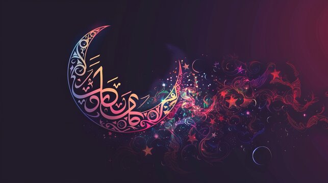 A greeting card template for Ramadan Kareem featuring elegant Arabic calligraphy, adorned with a colorful crescent Islamic banner background design.