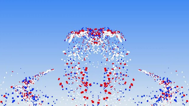 Red White and Blue Abstract Confetti Shower 4K features jets of red, white, and blue confetti flying into view against a blue gradient background and then showering down.