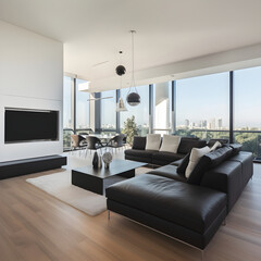 Fototapeta na wymiar Modern Minimalist Living Room and Dining Area with a Panoramic View and Stylish Furniture