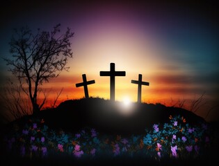 Silhouette of crosses on beautiful spring sunset. Easter theme.