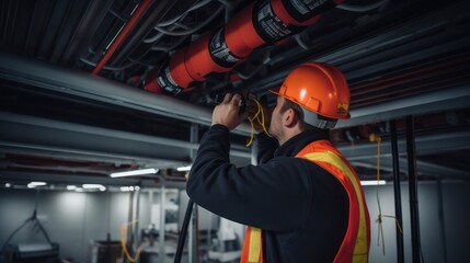 Fototapeta premium Workers were repairing the HVAC Heating, ventilation, and air conditioning duct system in the building