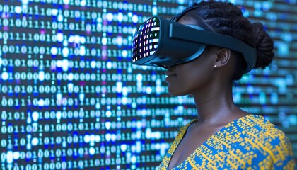 African american woman using virtual reality headset with binary code background
