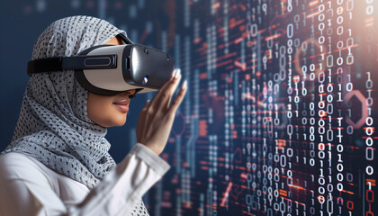 Saudi Arabian Gulf businesswoman working with vr headset, using virtual reality - Powered by Adobe