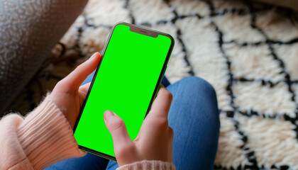 Mockup image of a business people holding smart mobile phone with blank green screen