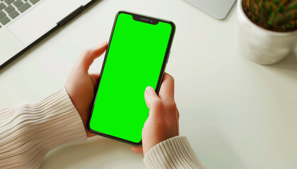 Mockup image of a business people holding smart mobile phone with blank green screen
