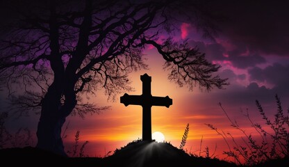 Silhouette of cross on beautiful spring sunset. Easter theme.