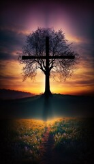 Fototapeta na wymiar Silhouette of cross on beautiful spring sunset. Easter theme.