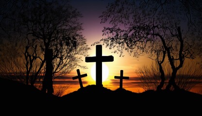 Silhouette of crosses on beautiful spring sunset. Easter theme.
