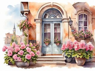 Fototapeta na wymiar Watercolor illustration with spring flowers on the background of an ancient European city, sea and mountains.