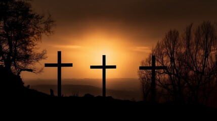 Silhouette of crosses on beautiful spring sunset. Easter theme.
