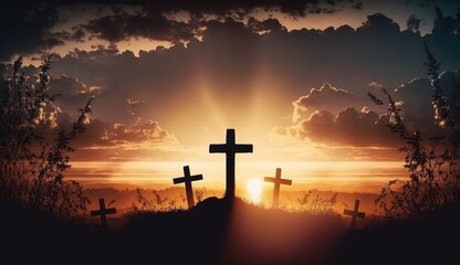 Silhouette of crosses on beautiful spring sunset. Easter theme.