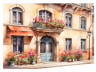 Fototapeta na wymiar Watercolor illustration with spring flowers on the background of an ancient European city, sea and mountains.