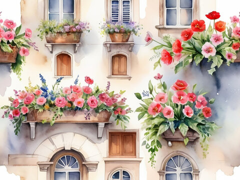 Watercolor illustration with spring flowers on the background of an ancient European city, sea and mountains.