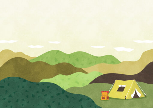 山のキャンプ場 テントとリュック アウトドアの水彩背景イラスト
