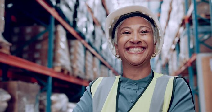 Senior woman, helmet and warehouse for logistics, shipping business and boss, pride and smile in portrait. Supply chain, distribution industry and manager at storage facility with hardhat for safety