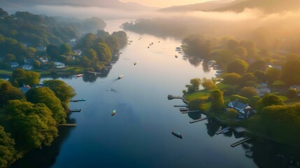 Fototapeta na wymiar Idyllic Lake Windermere in Lake District National Park, England - England's largest lake nestled amidst rolling hills and charming villages