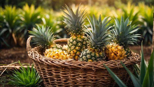 Harvest of fresh pineapples growing in the garden