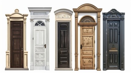 Set of entrance metal door models isolated on a white background.