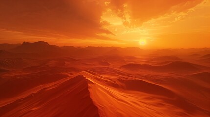Fototapeta na wymiar A vast desert landscape at sunset, with sand dunes stretching towards a fiery orange sky.