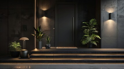 The stylish black front door of a modern house is rendered in 3D, accompanied by black walls, a doormat, pot plants, stairs, and lamps