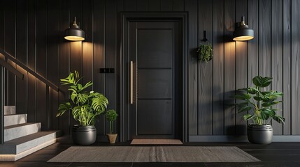 The stylish black front door of a modern house is rendered in 3D, accompanied by black walls, a doormat, pot plants, stairs, and lamps